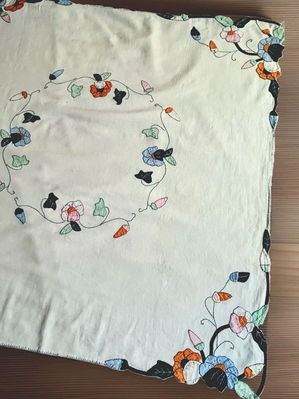 Vintage Tablecloth Hand Embroidery Applique Flowers-Garden Party-Home Decor